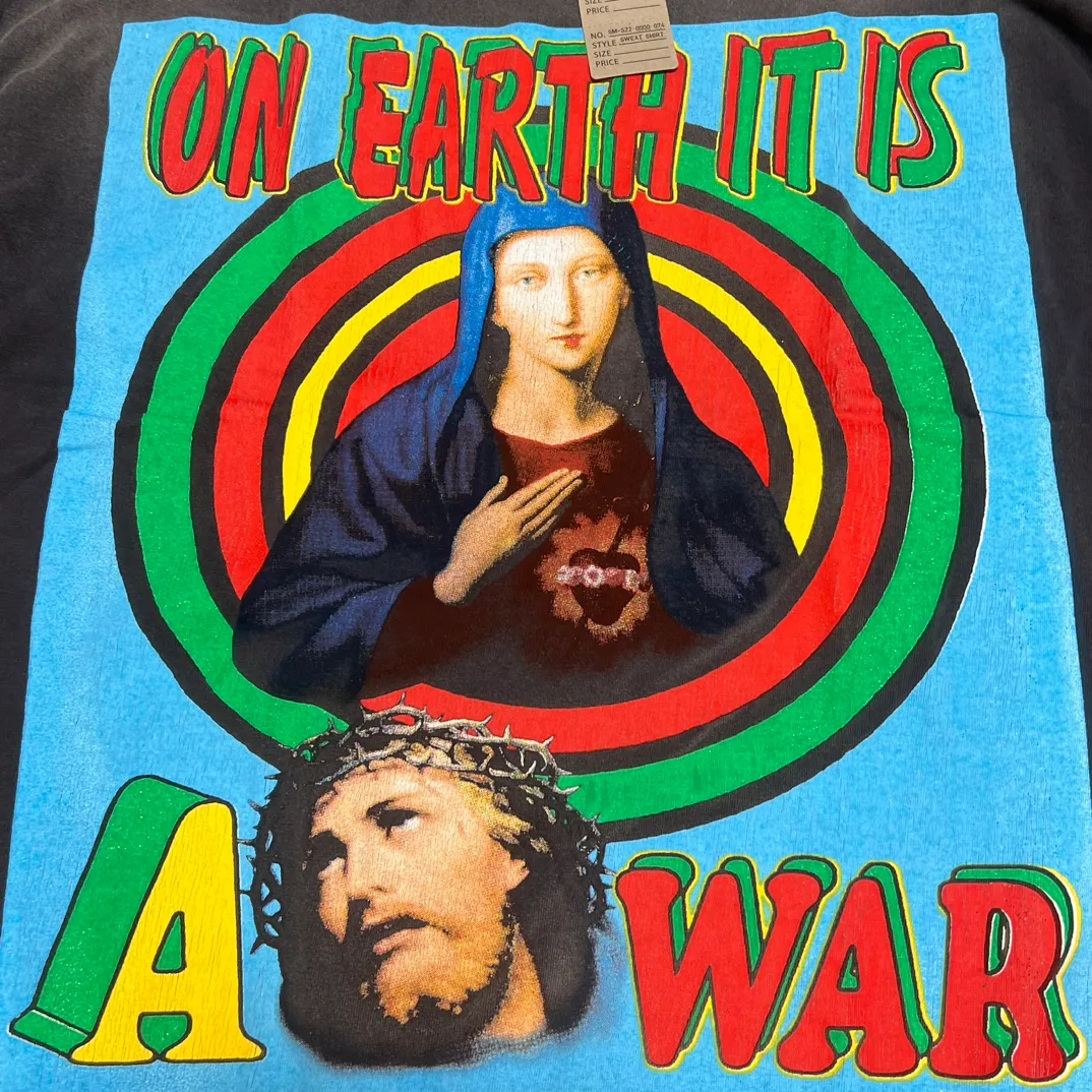 SAINT MICHAEL SS TEE/ON EARTH/BLK Jesus, Mary, Holy Infant Earth TEE Ready-to-wear Assut special piece dyeing, washed and distressed Vintage process, front and rear super complex super large printing, top purchasing agent technology
